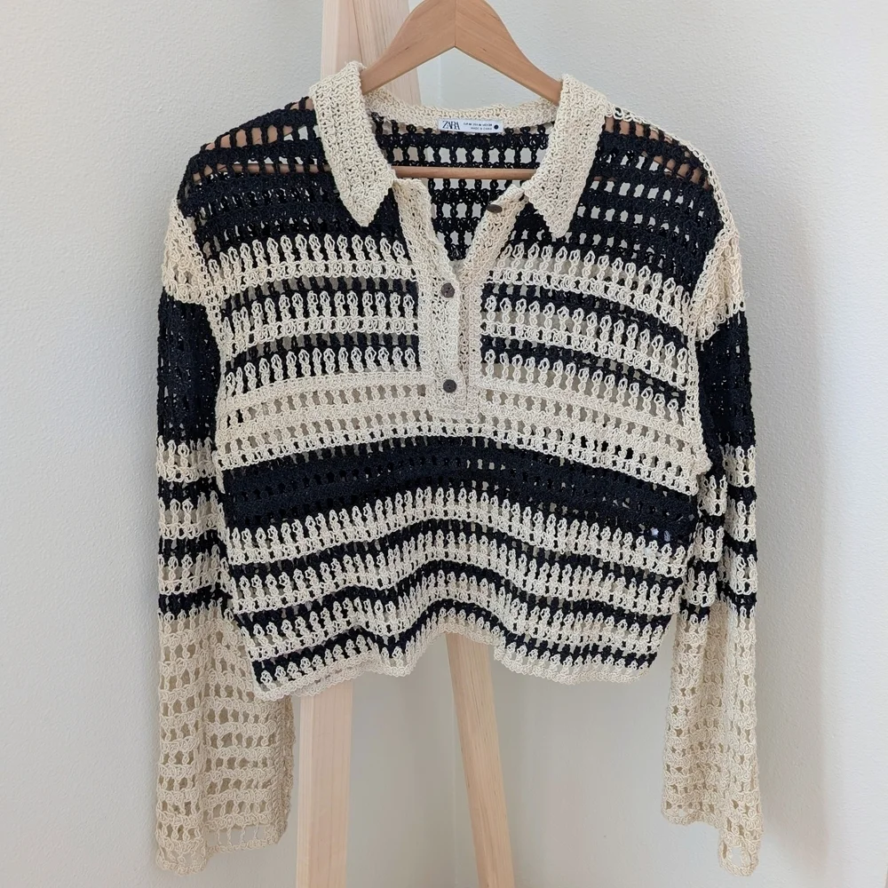 Zara Crochet Open Knit Striped Collared Henley Top In Black/Ivory